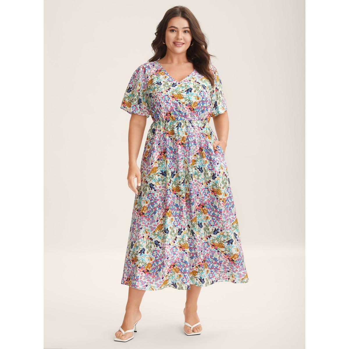 Plus Size Floral Print Cinched-Waist Pockets Midi Dress Mediumblue Women Timeless V-neck Short sleeve Curvy BloomChic 22-24/3X Product Image