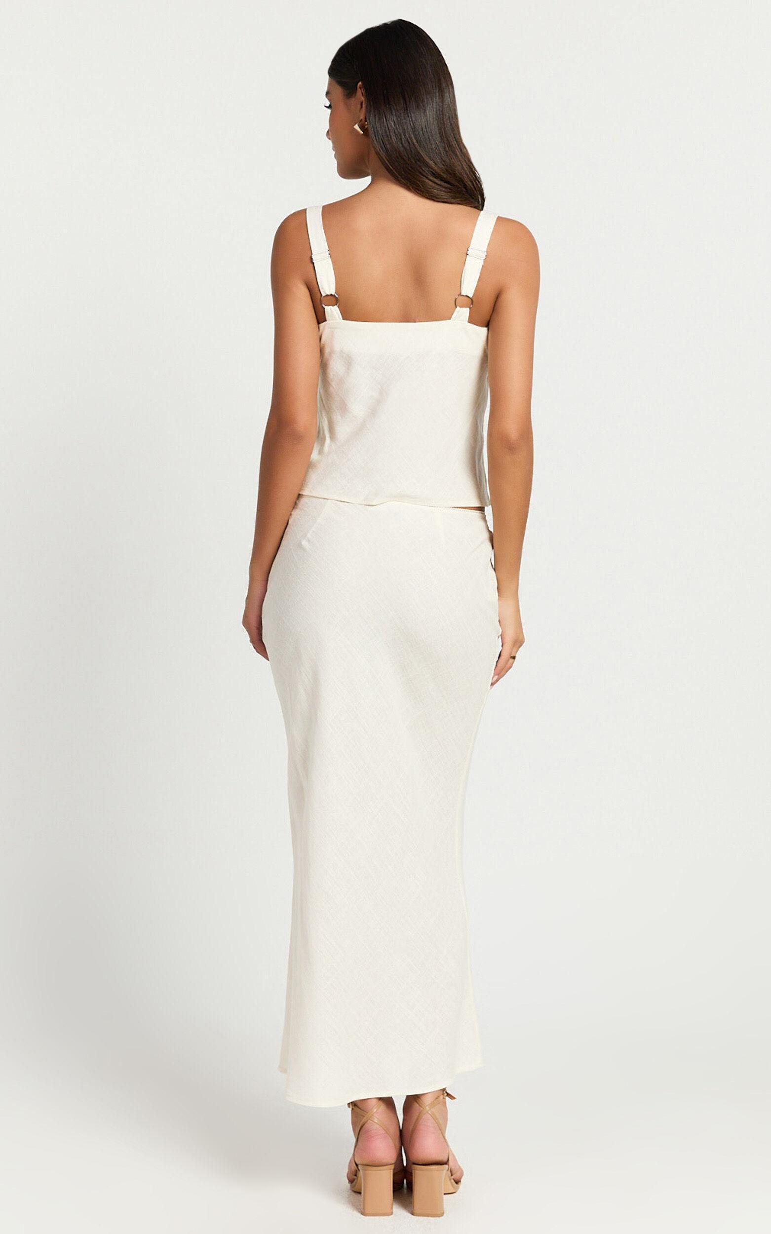 Polly Midi Skirt - Linen Low Waisted Front Bow Slip Skirt in Stone Product Image