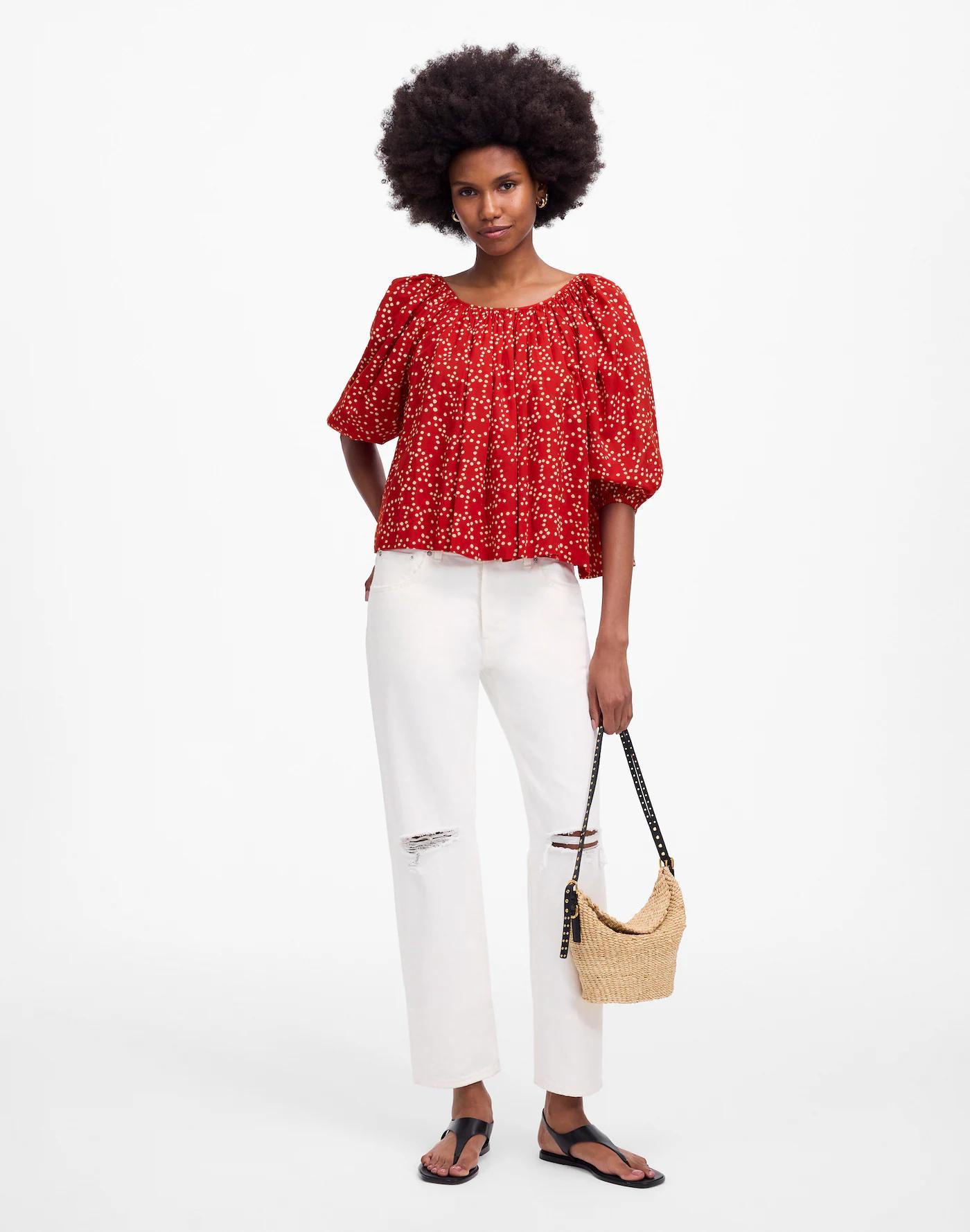 Shirred Puff-Sleeve Top in Dot Product Image