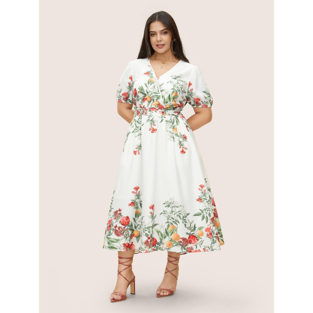 Plus Size Citrus Fruit Print Surplice Neck Pleated Dress White Women Elegant Overlapping Overlap Collar Short sleeve Curvy BloomChic 10/M Product Image