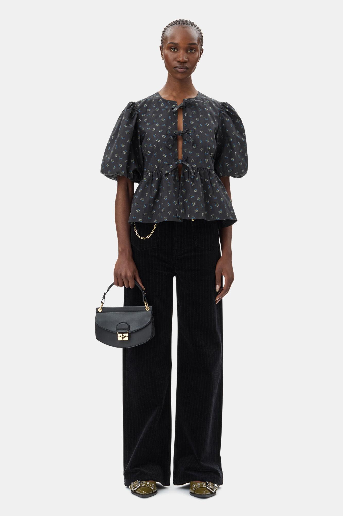 Black Printed Cotton Peplum Blouse Product Image