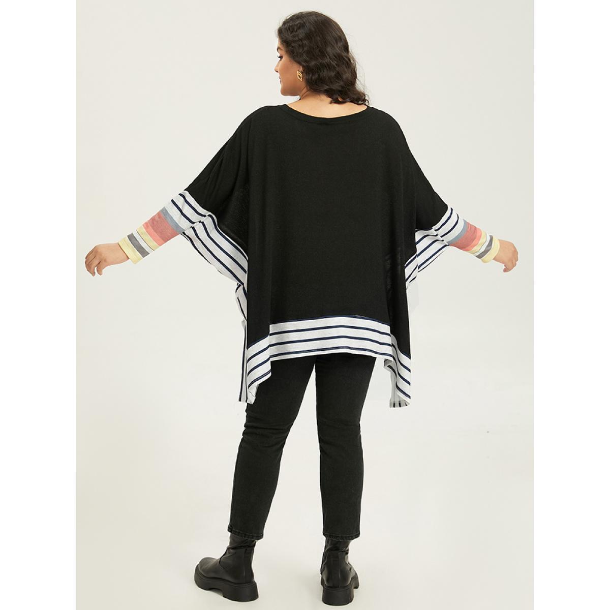 Plus Size Striped Patchwork Colorblock Contrast Crew Neck Sweatshirt Women Black Casual Contrast Round Neck Dailywear Sweatshirts BloomChic 10/M Product Image