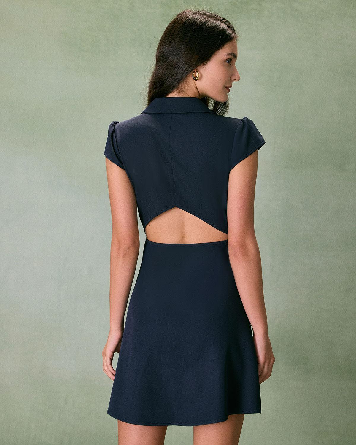 The Navy Lapel Cap Sleeve Button-up Mini Dress Product Image