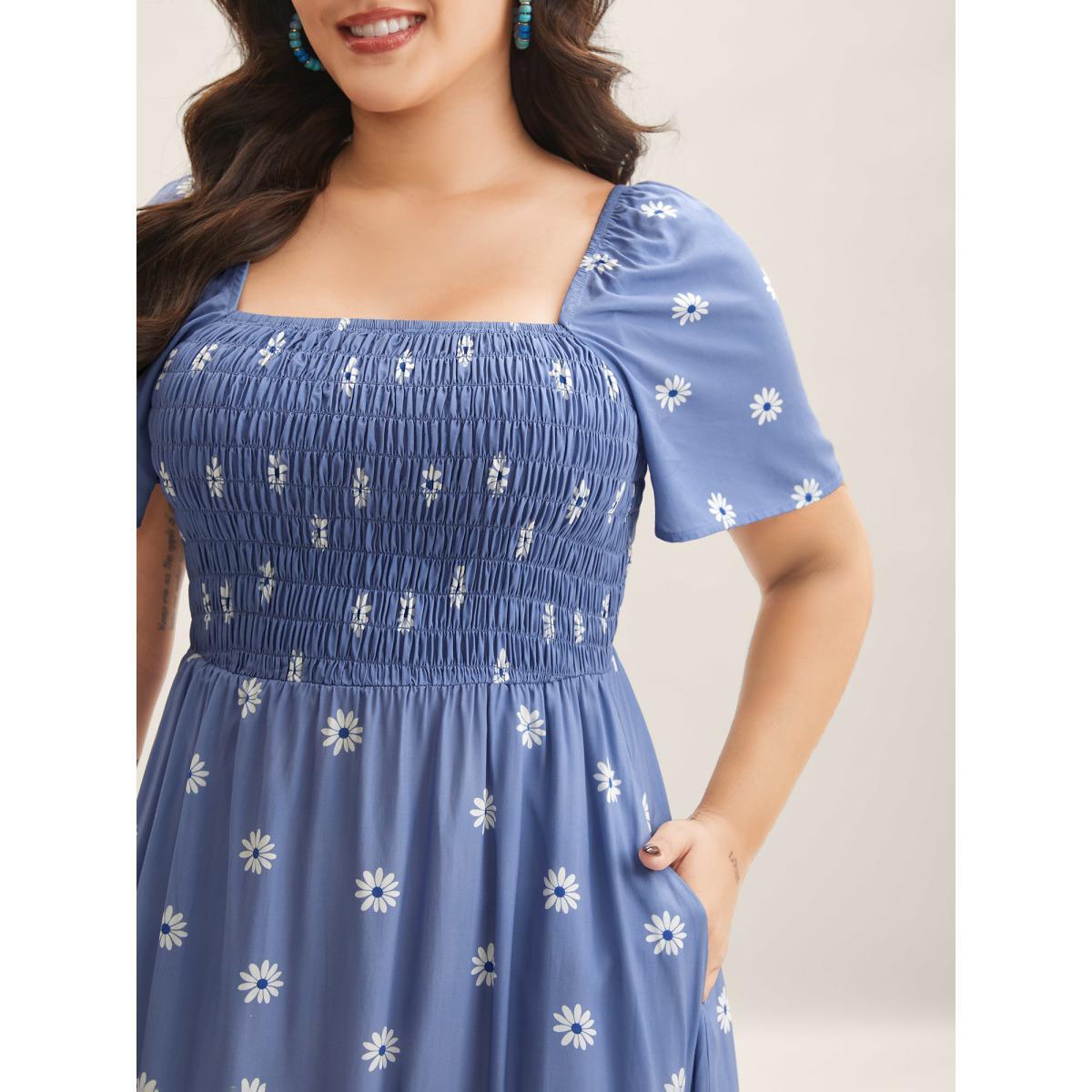 Plus Size Rayon Floral Shirred Midi Dress Mediumblue Women Boho Square Neck Short sleeve Curvy BloomChic 26/4X Product Image