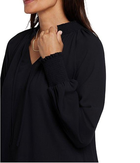 NYDJ Gemma Split V-Neck Smocked Long Sleeve Curved Hem Blouse Product Image