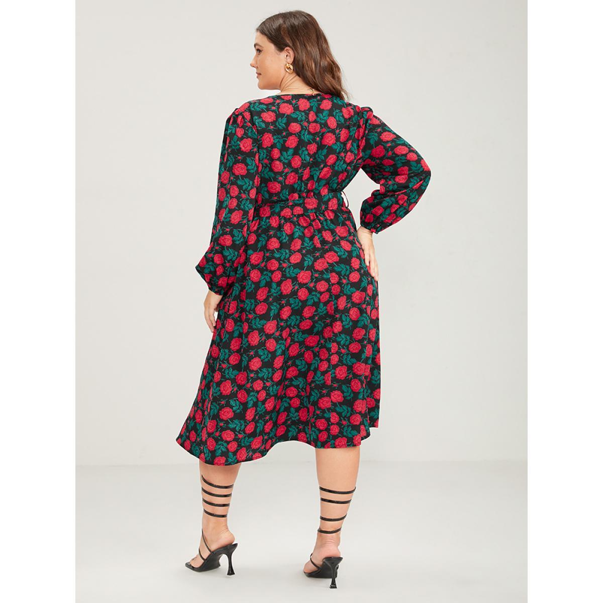 Plus Size Floral Printed Wrap Pocket Lantern Sleeve Belted Dress Black Women Elegant Printed V-neck Long Sleeve Curvy Midi Dress BloomChic 18-20/2X Product Image