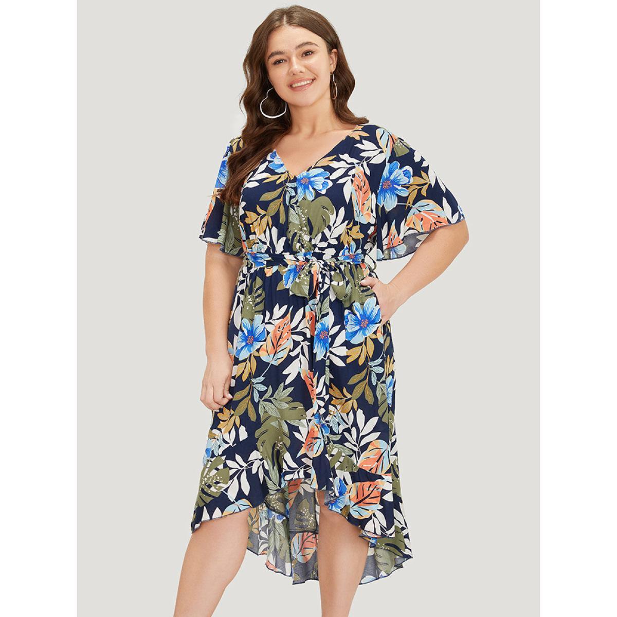 Plus Size Floral High Low Hem Pocket Ruffles Wrap Dress Indigo Women Elegant Wrap V-neck Short sleeve Curvy Midi Dress BloomChic 22-24/3X Product Image