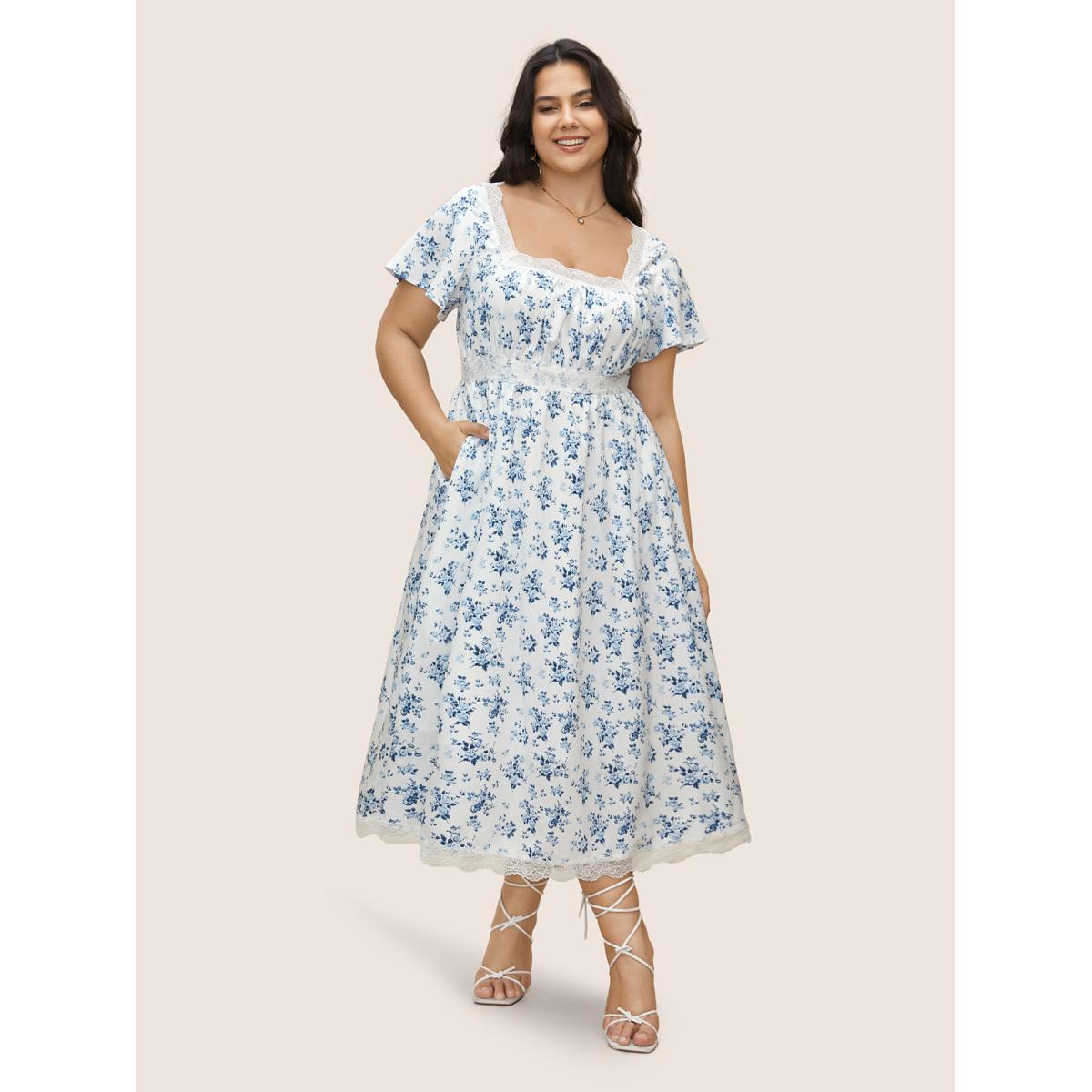 Plus Size Square Neck Lace Panel Pocket Dress LightBlue Women Elegant Woven ribbon&lace trim Square Neck Short sleeve Curvy BloomChic 22-24/3X Product Image
