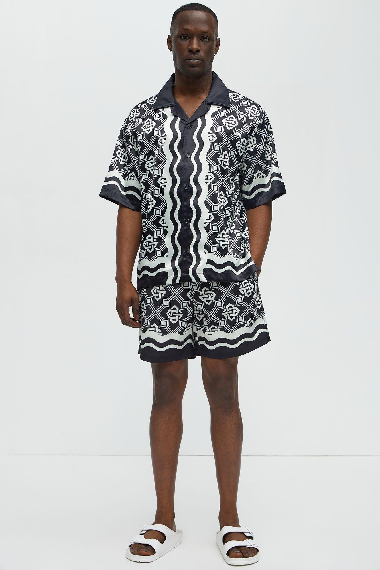 Geometric Wavy Border Cuban Collar Button Up Shirt - Black/combo Male Product Image