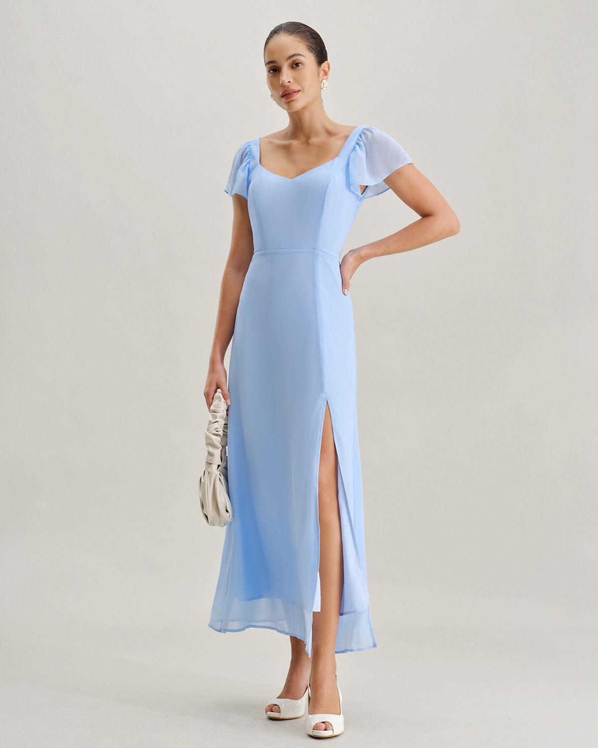 Blue Sweetheart Neck Chiffon Maxi Dress Product Image