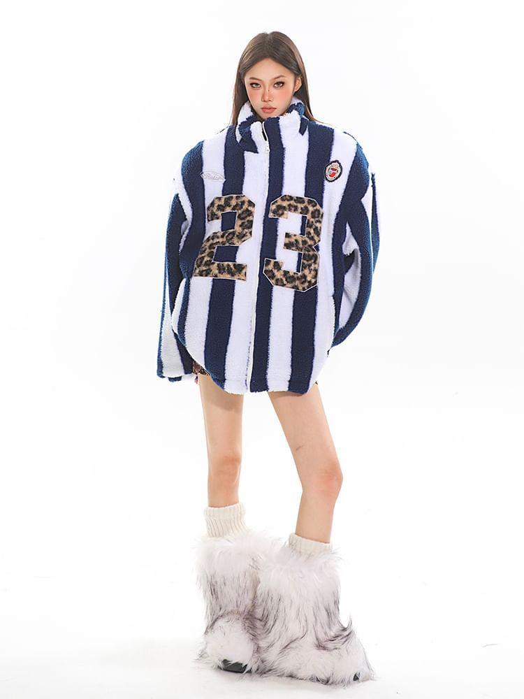 Stand Collar Numbering Applique Striped Fleece Zip Jacket Product Image