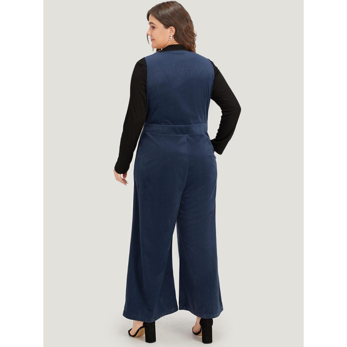 Plus Size DarkBlue Solid Button Through Pocket Tank Jumpsuit Women Elegant Sleeveless V-neck Dailywear Loose Jumpsuits BloomChic 14-16/1X Product Image