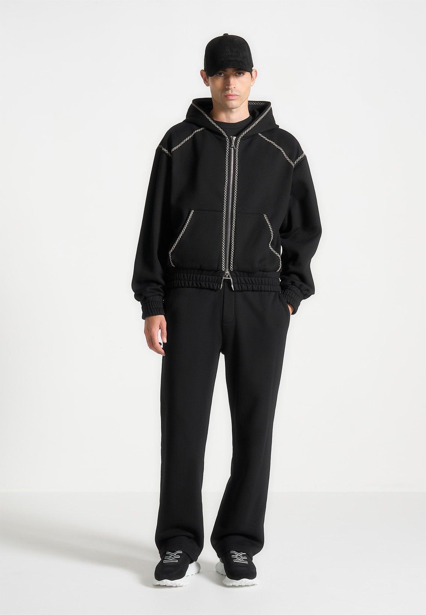 Ivan - Whipstitch Raglan Effect Zip Hoodie - Black Male Product Image