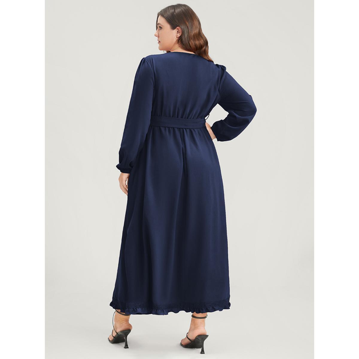 Plus Size Solid Lantern Sleeve Pocket Frill Trim Wrap Belted Dress DarkBlue Women Elegant Plain V-neck Long Sleeve Curvy Long Dress BloomChic 26/4X Product Image