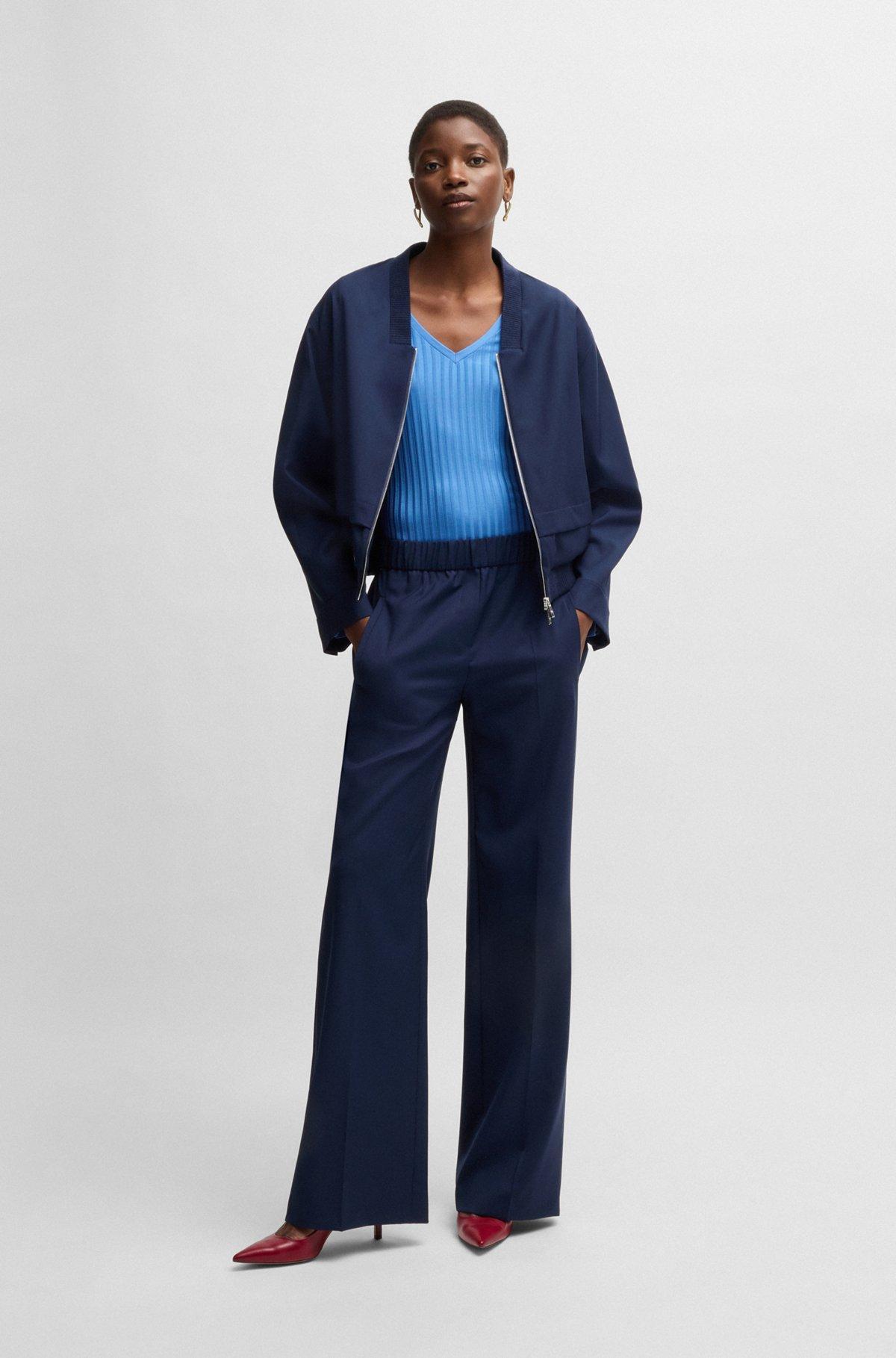 Long-sleeved V-neck top in lustrous ribbed jersey Product Image