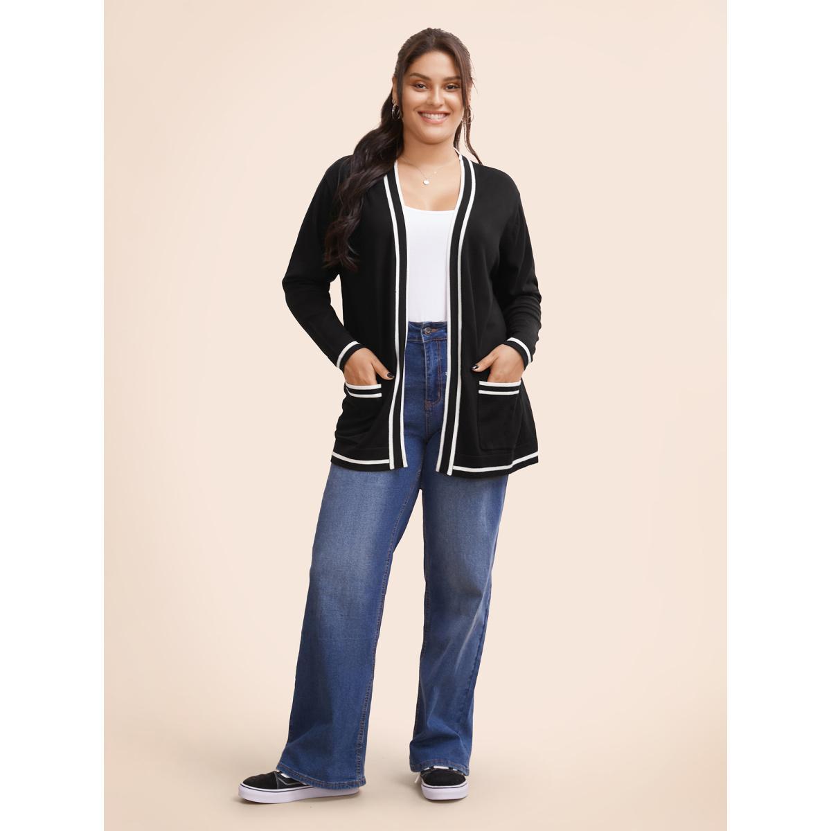 Plus Size Supersoft Essentials Striped Patchwork Pocket Open Front Cardigan Black Women Casual Loose Long Sleeve Everyday Cardigans BloomChic 12/L Product Image