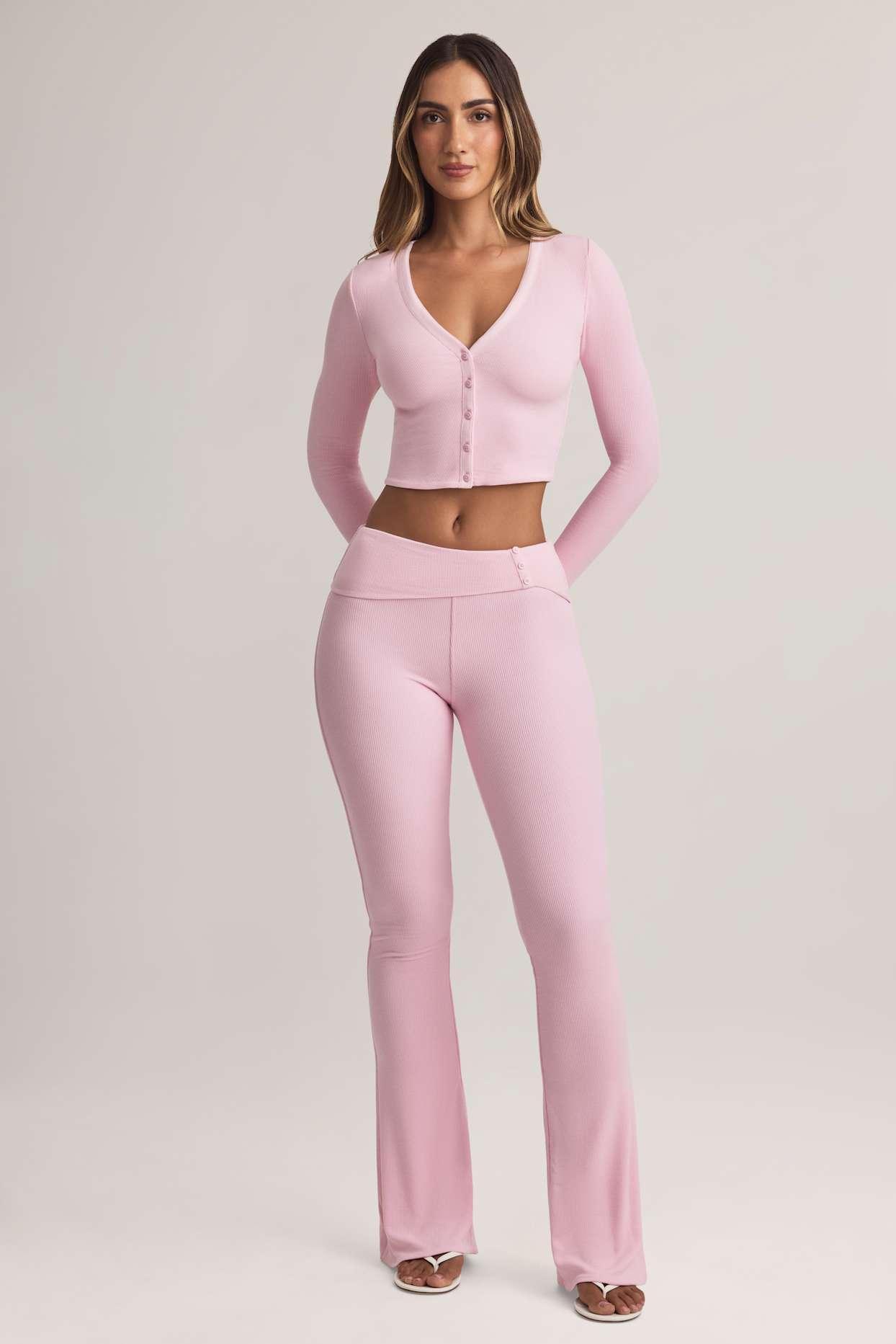 Modal Foldover Mid-Rise Flared Trousers in Pastel Pink Product Image