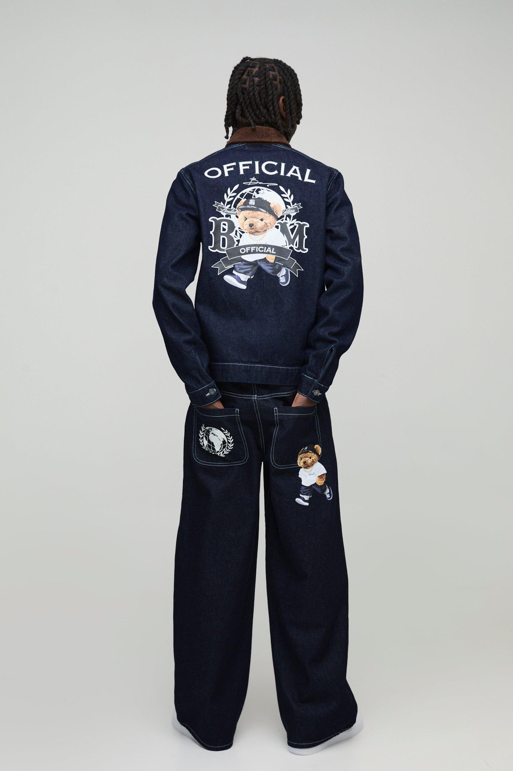 Relaxed Denim Printed Harrington Jacket With Cord Collar | boohooMAN USA Product Image