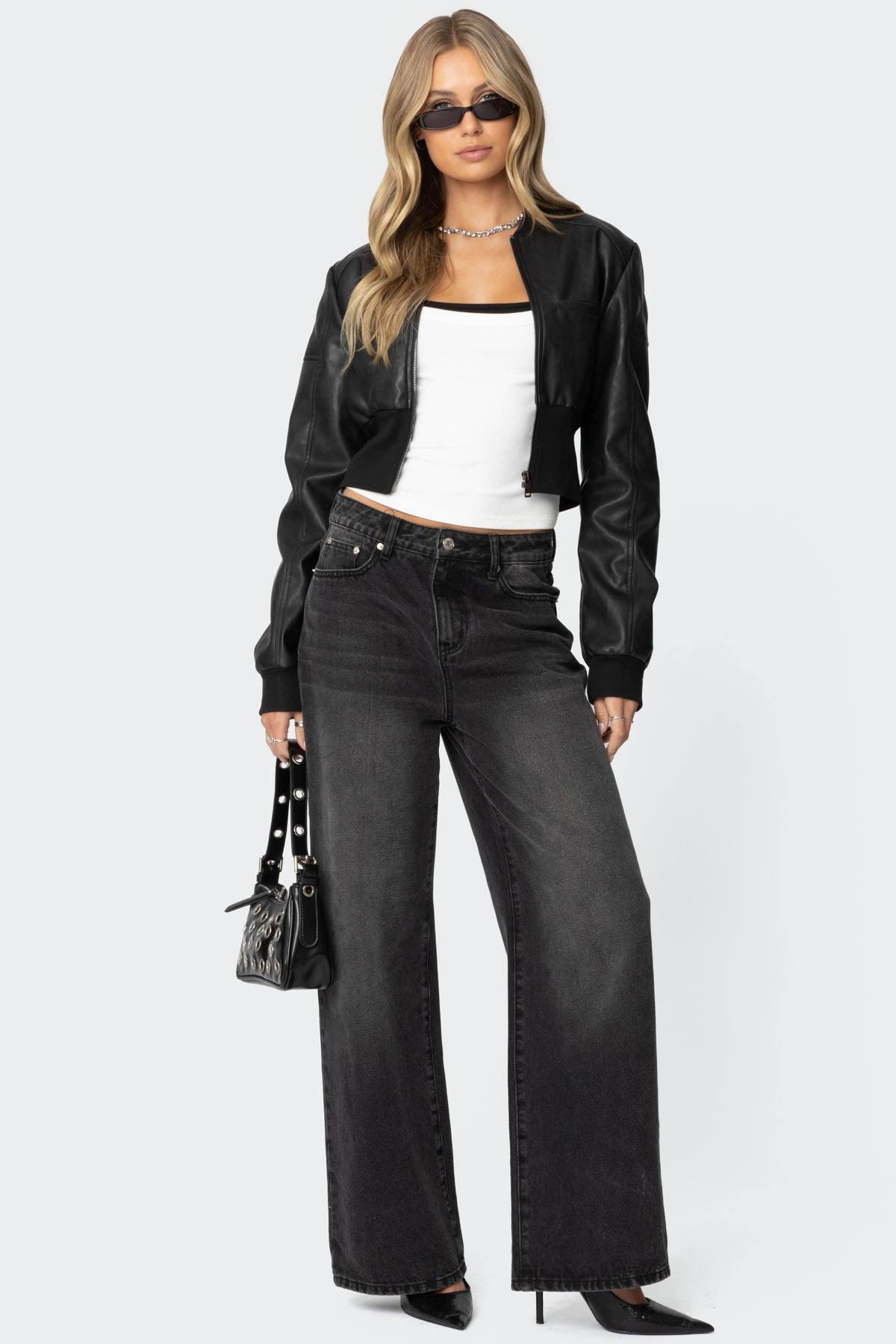 Cropped Faux Leather Bomber Jacket Product Image