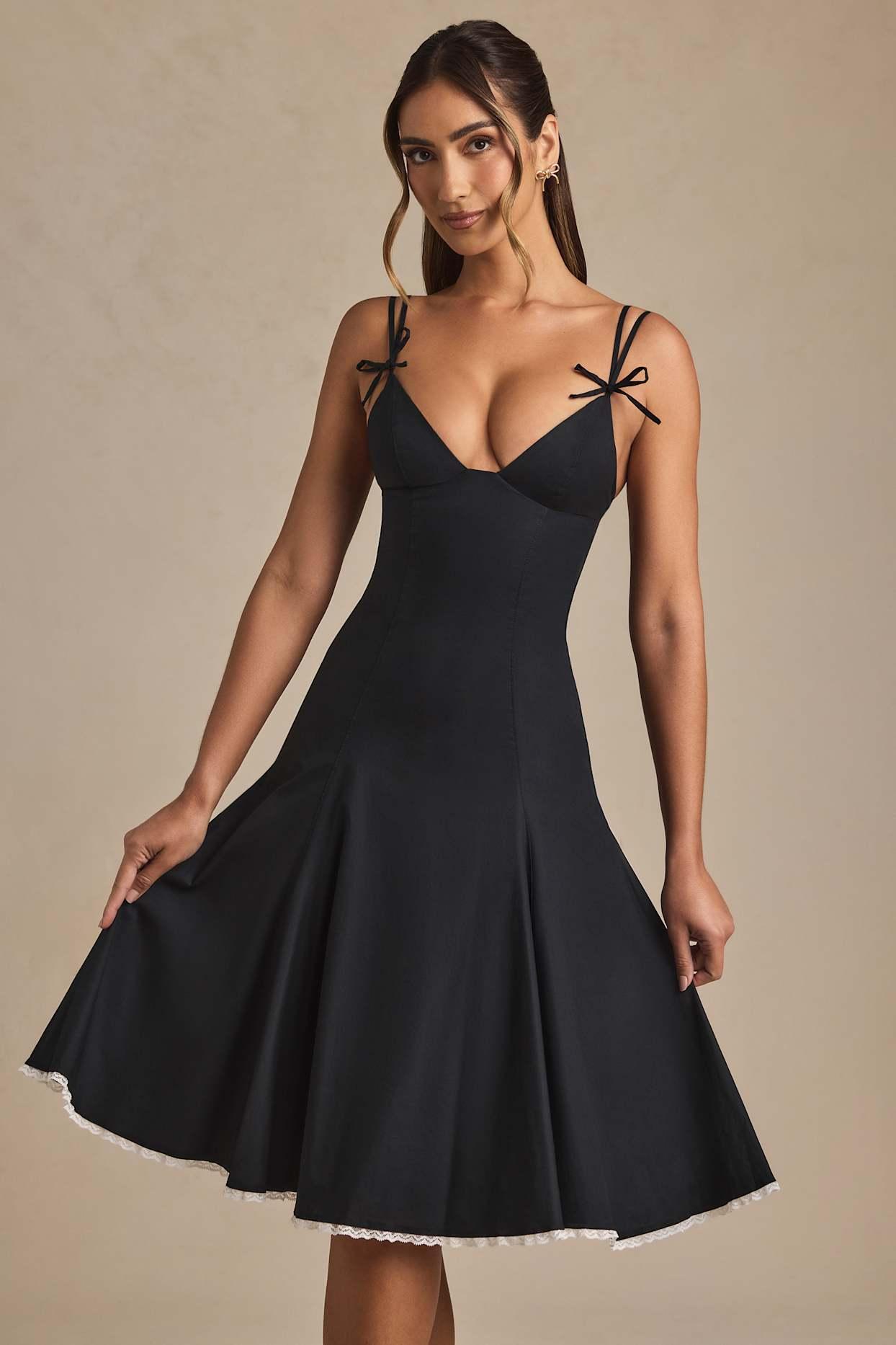 Bow-Detail Lace-Trim A-Line Midi Dress in Black Product Image