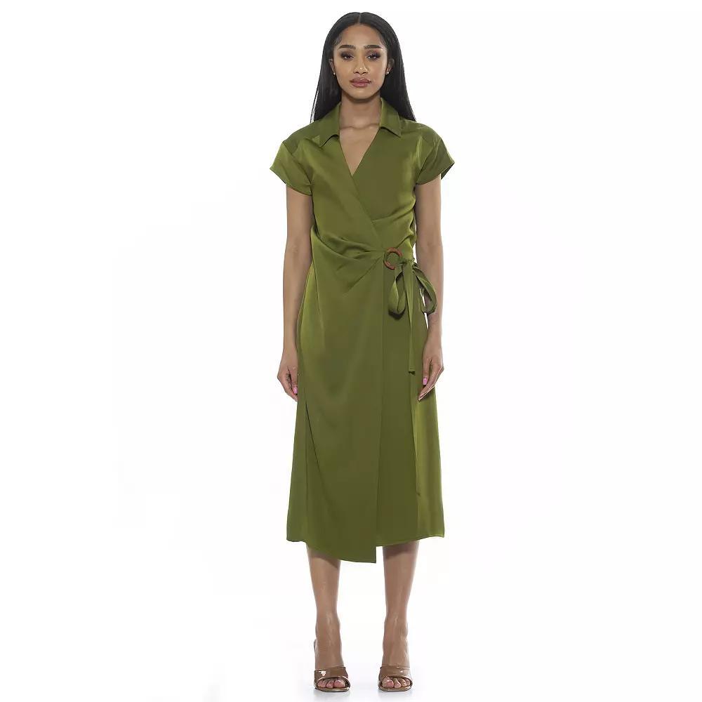 Women's ALEXIA ADMOR Paris Surplice Wrap Midi Dress With Waist Tie, Size: 8, Green Product Image