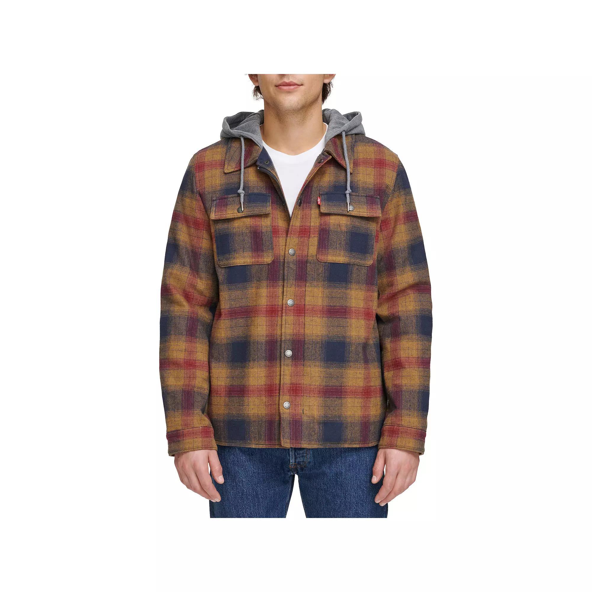 Men's Levi's® Plaid Fleece Hooded Shirt Jacket, Size: XXL, Red Gold Plaid Product Image