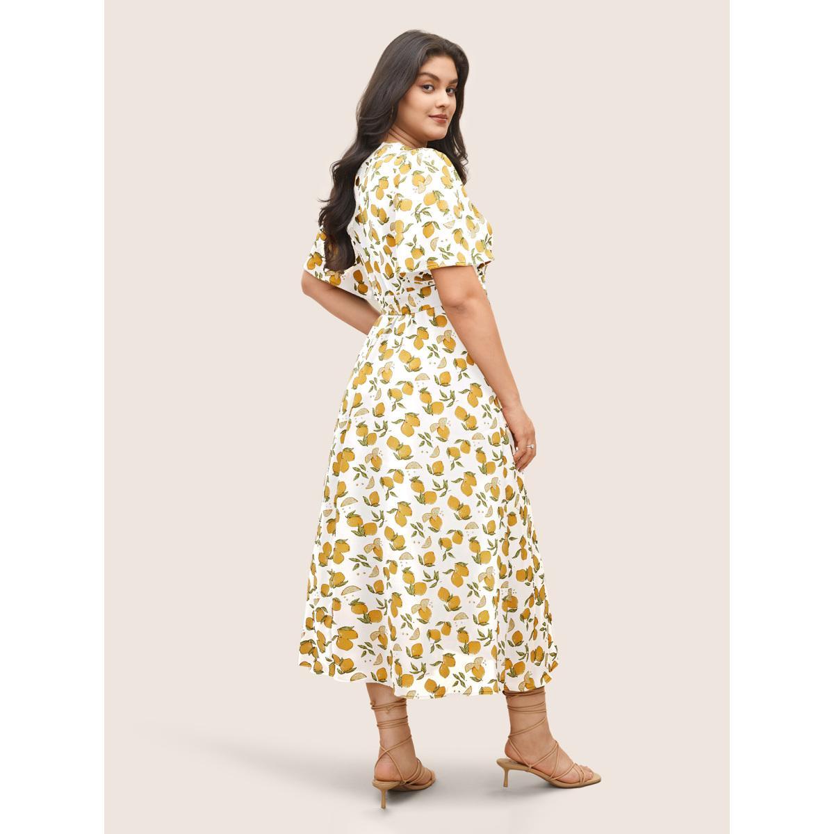 Plus Size Citrus Lemons Print Belted Surplice Neck Split Side Dress Ivory Women Elegant Non Overlap Collar Short sleeve Curvy Midi Dress BloomChic 30/6X Product Image