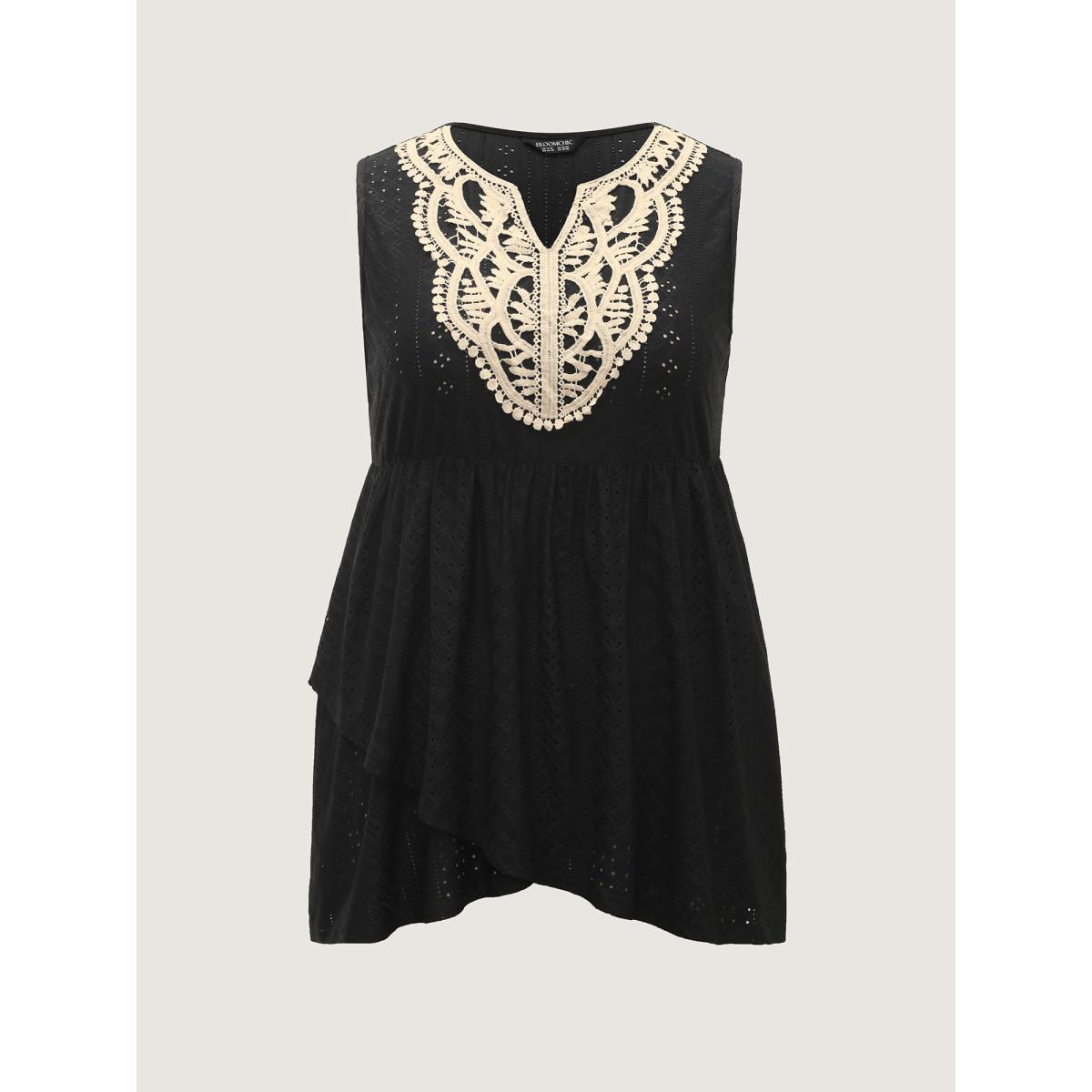 Plus Size Textured Floral Lace Neck Long Tank Top Women Black Boho Overlapping Flat collar with V-notch Vacation Tank Tops Camis BloomChic 18-20/2X Product Image