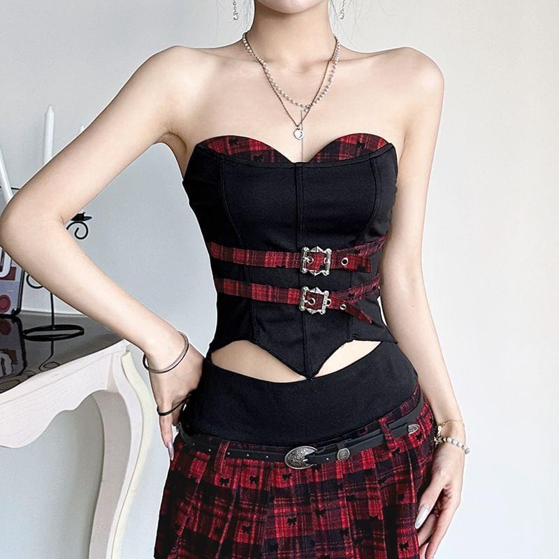 Plaid Paneled Buckle Accent Tube Top / Low Rise Mini Pleated Skirt Product Image