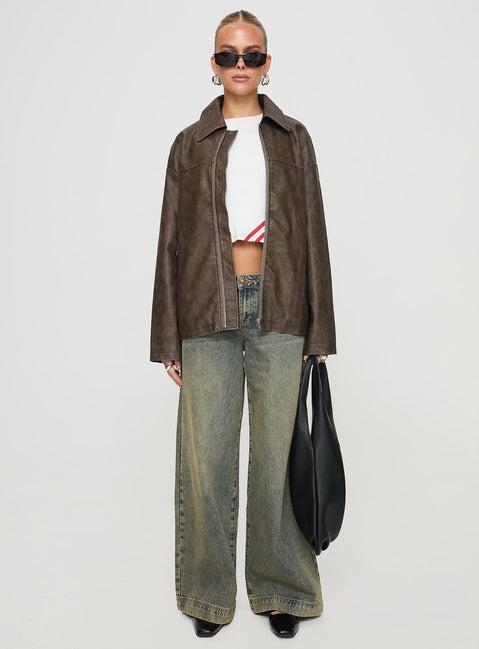 Faux Leather Collared Dad Jacket Washed Brown Product Image