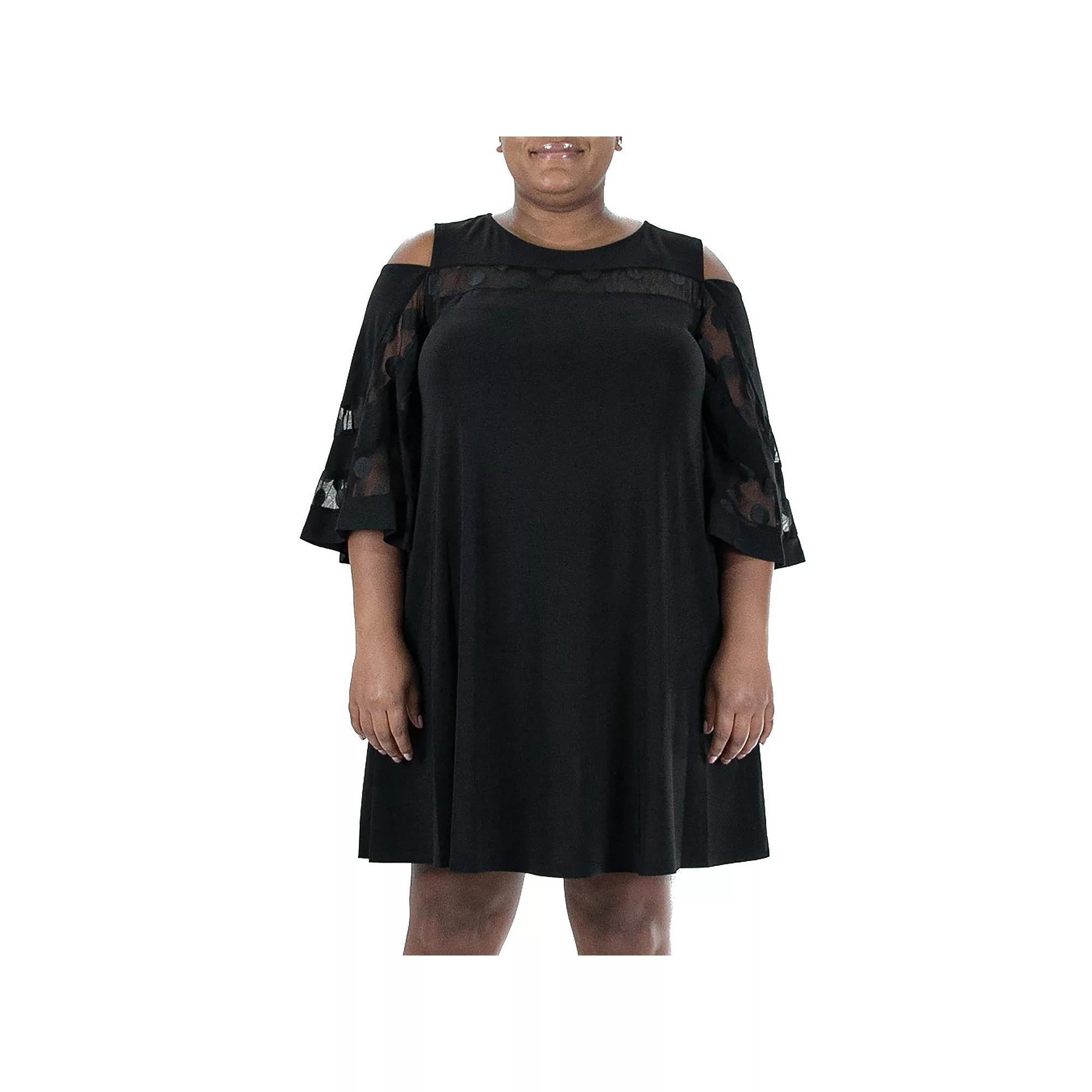 Plus Size Nina Leonard Mesh Yoke Cold-Shoulder Swing Dress, Women's, Size: 1XL, Black Product Image