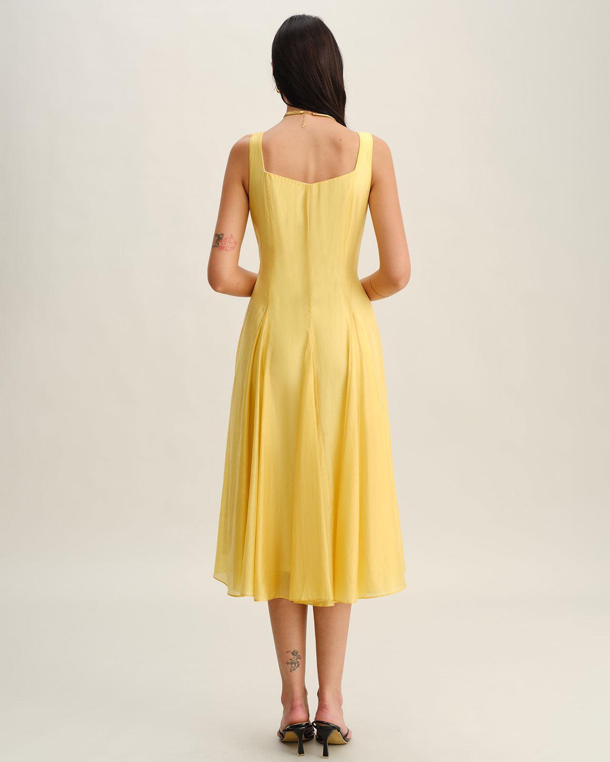 Yellow Square Neck Pleated Slip Midi Dress Product Image