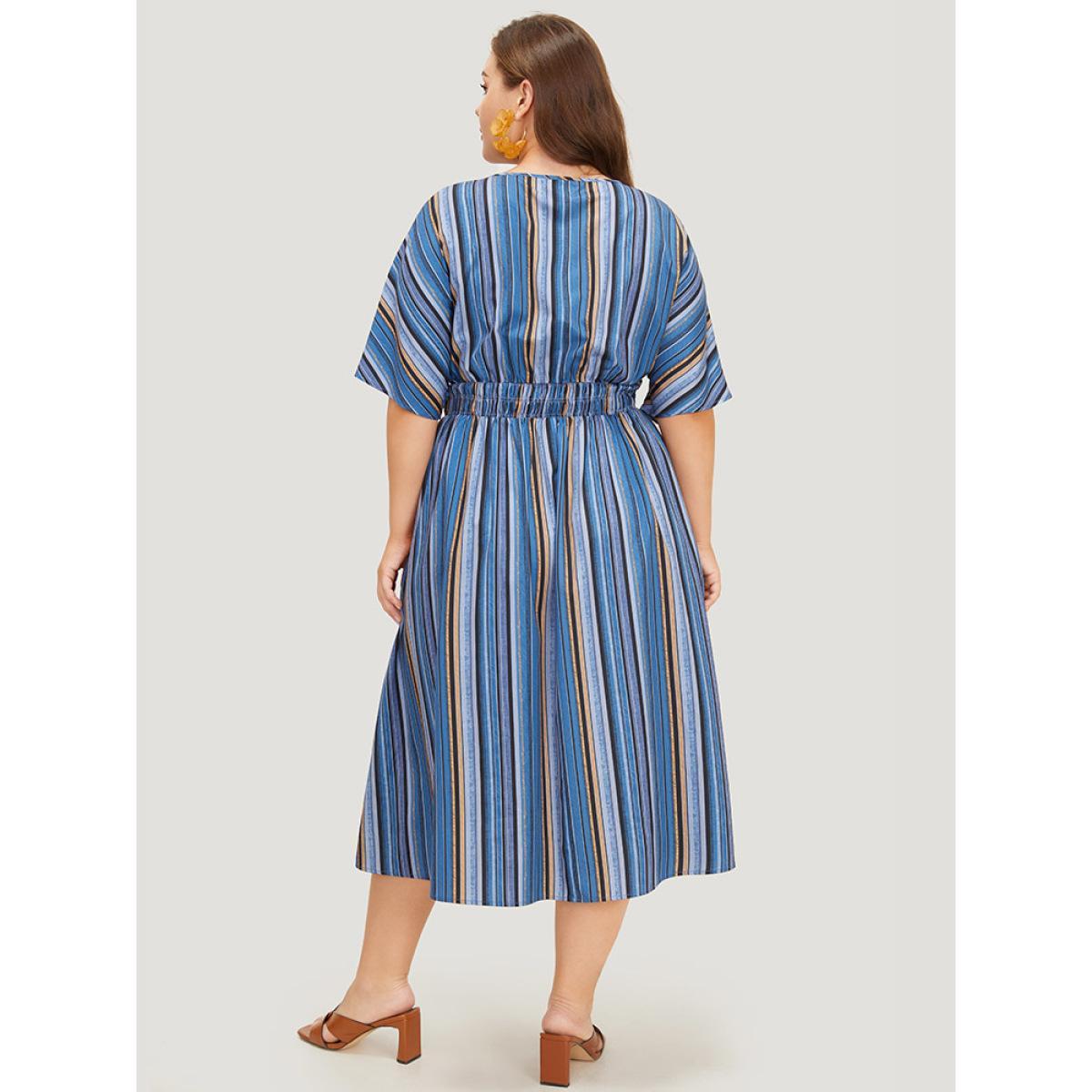 Plus Size Striped Contrast Pocket Knot Shirred Batwing Sleeve Dress Indigo Women Vacation Gathered V-neck Short sleeve Curvy Midi Dress BloomChic 22-24/3X Product Image