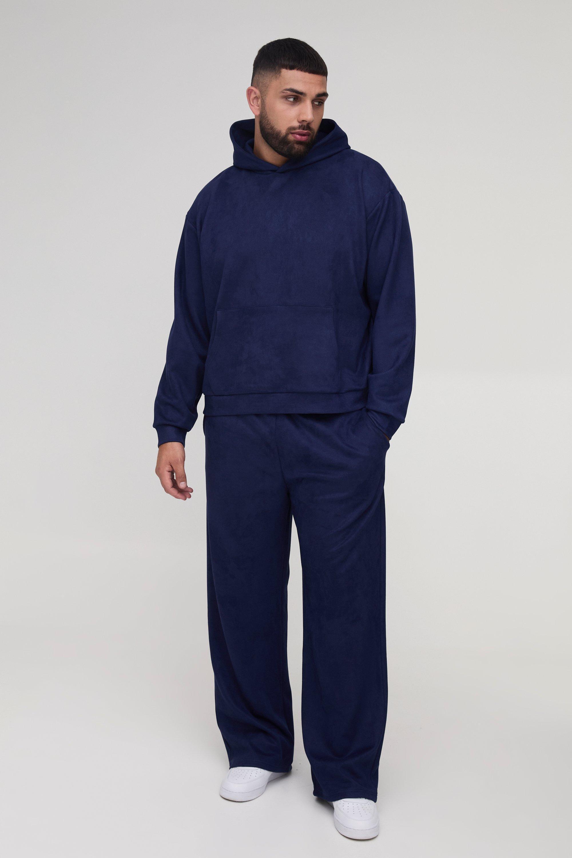 Plus Oversized Boxy Hooded Faux Suede Relaxed Tracksuit | boohooMAN USA Product Image