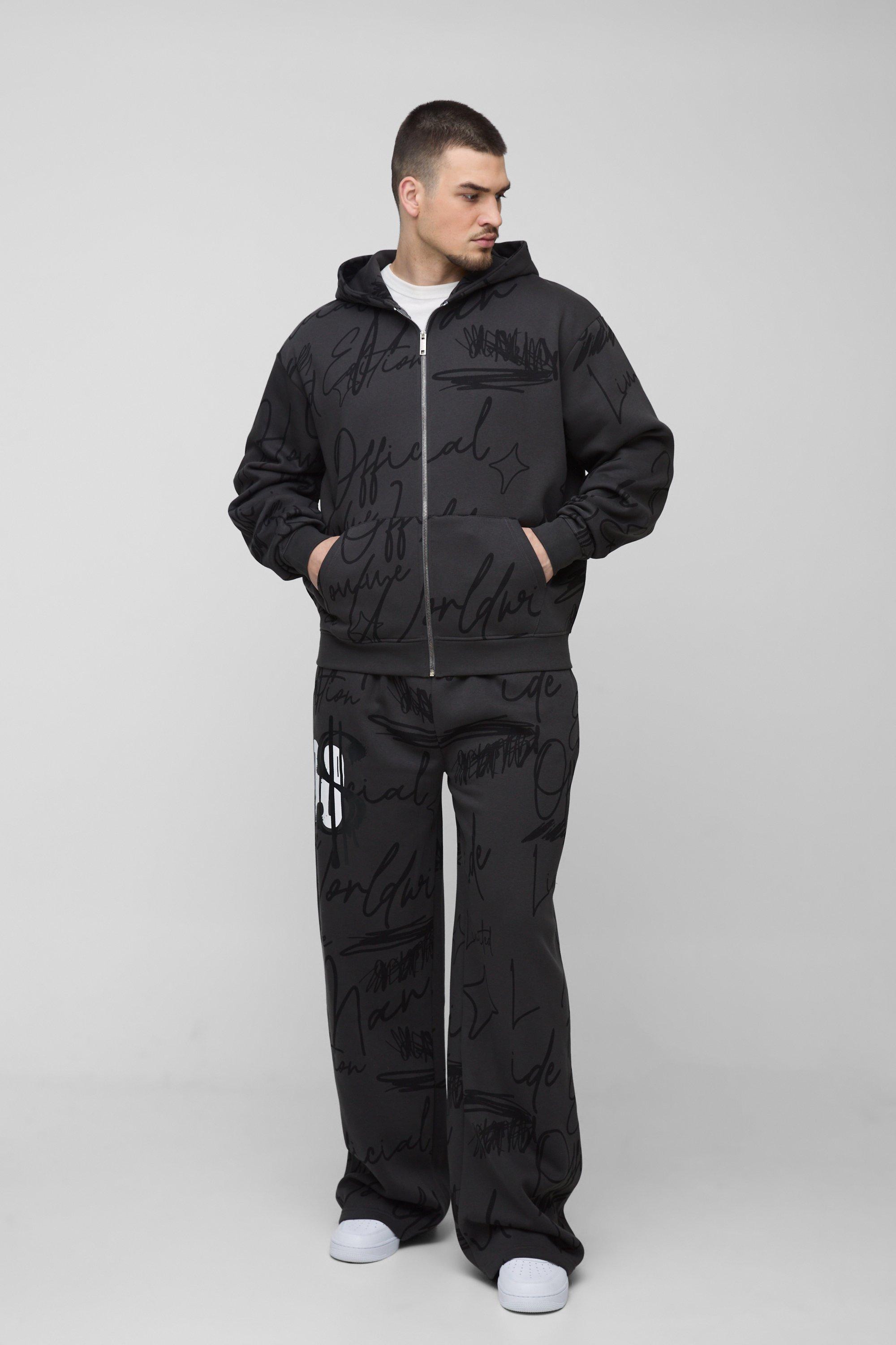 Mens Tall Oversized Boxy Graffiti Hooded Wide Leg Tracksuit - Black Product Image