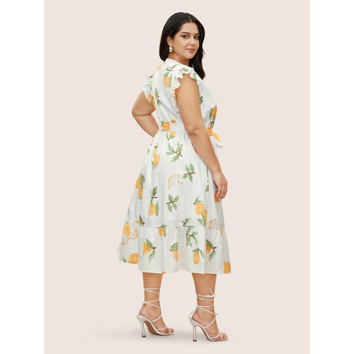 Plus Size Citrus Lemon Print Ruffles Patchwork Belted Dress White Women Elegant Overlapping Overlap Collar Cap Sleeve Curvy BloomChic 14-16/1X Product Image