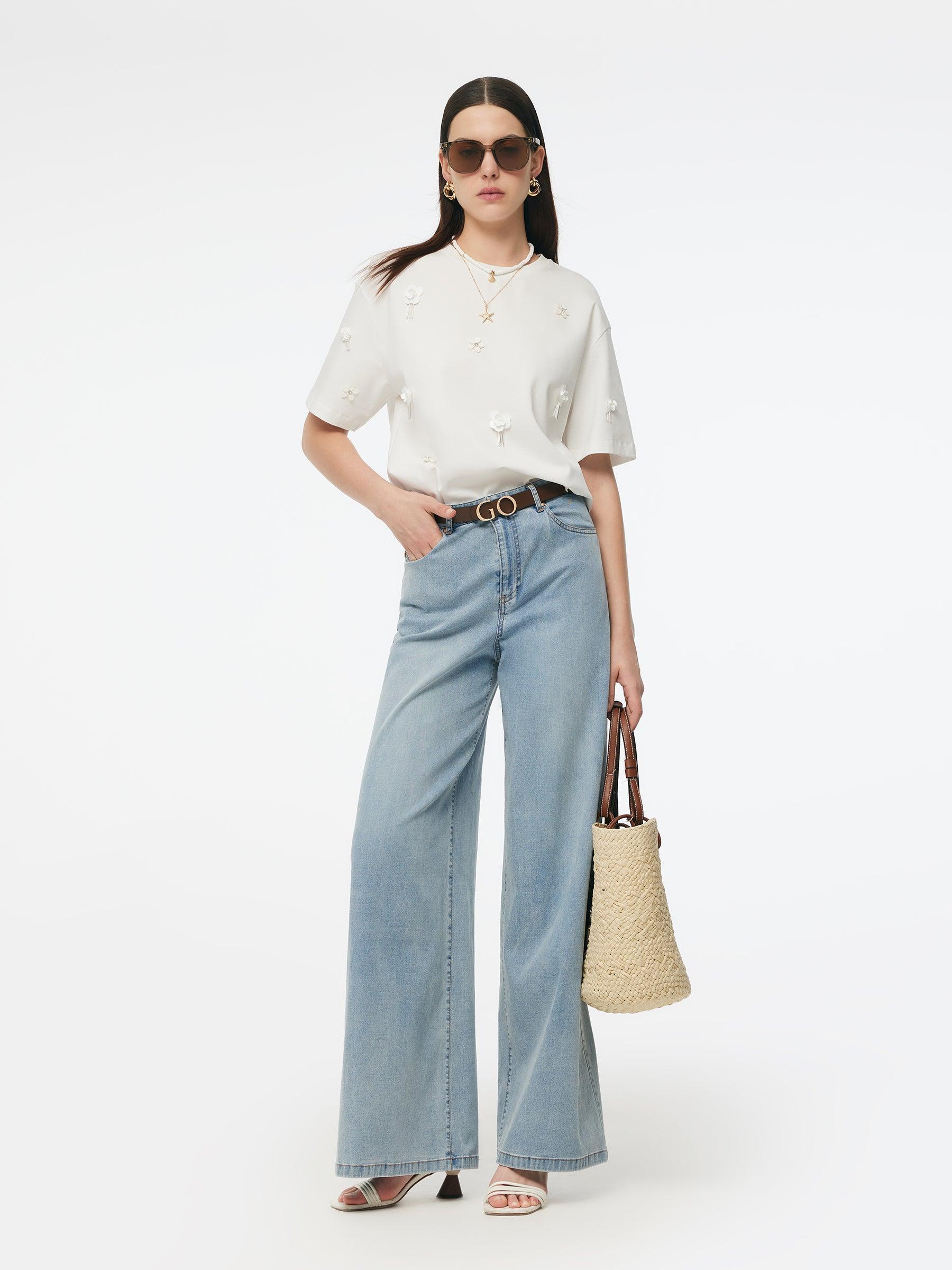 100% Cotton 3D Floral Beaded Women T-Shirt Product Image