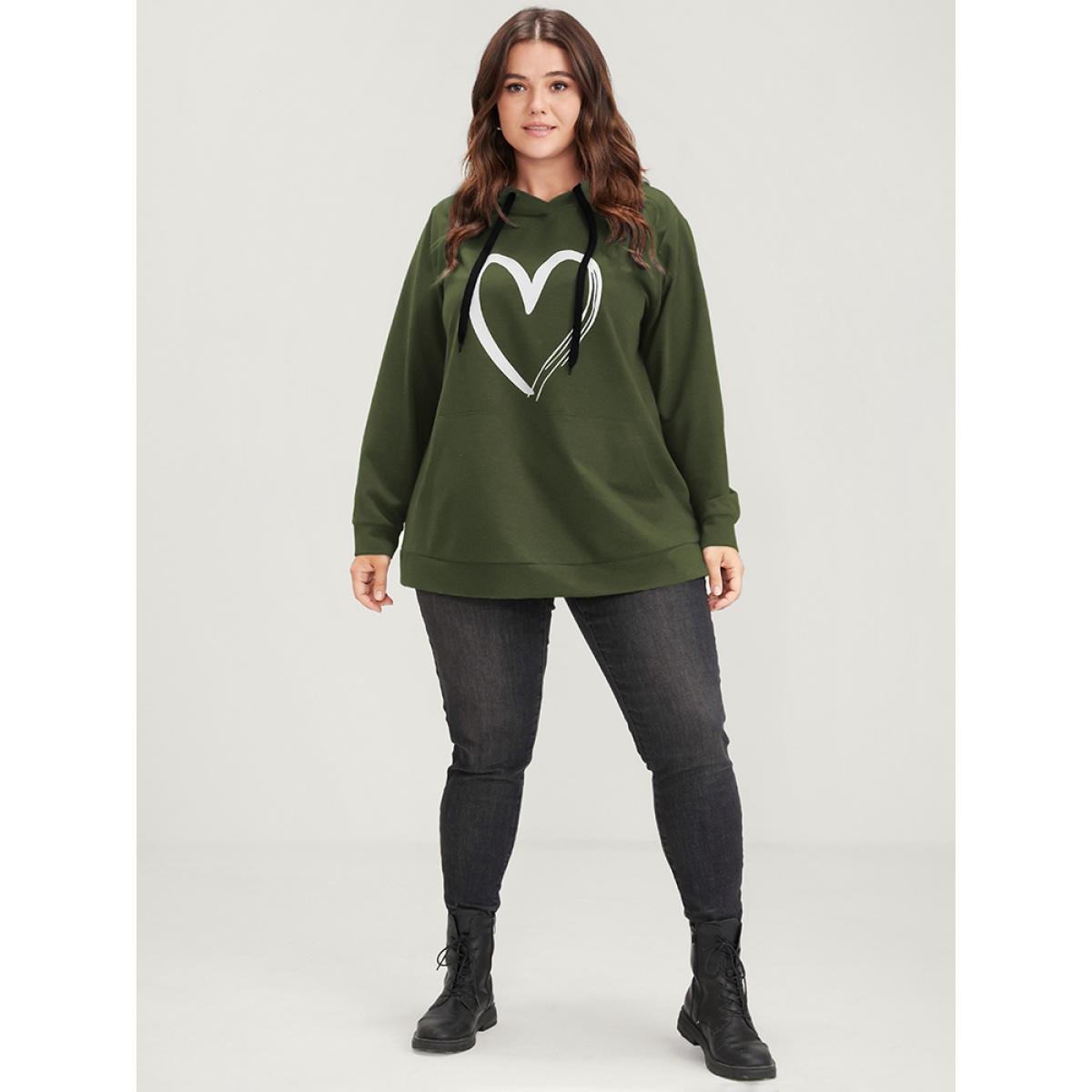 Plus Size Heart Print Drop Shoulder Pocket Drawstring Hooded Sweatshirt Women ArmyGreen Casual Plain Hooded Dailywear Sweatshirts BloomChic 26/4X Product Image