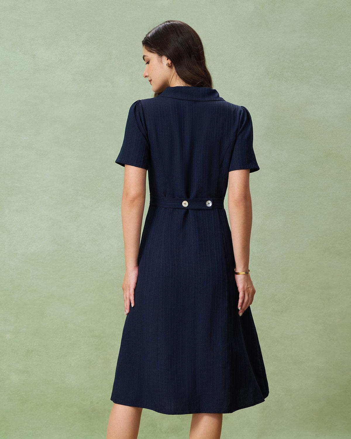 Navy Button A-Line Pocket Midi Dress Product Image