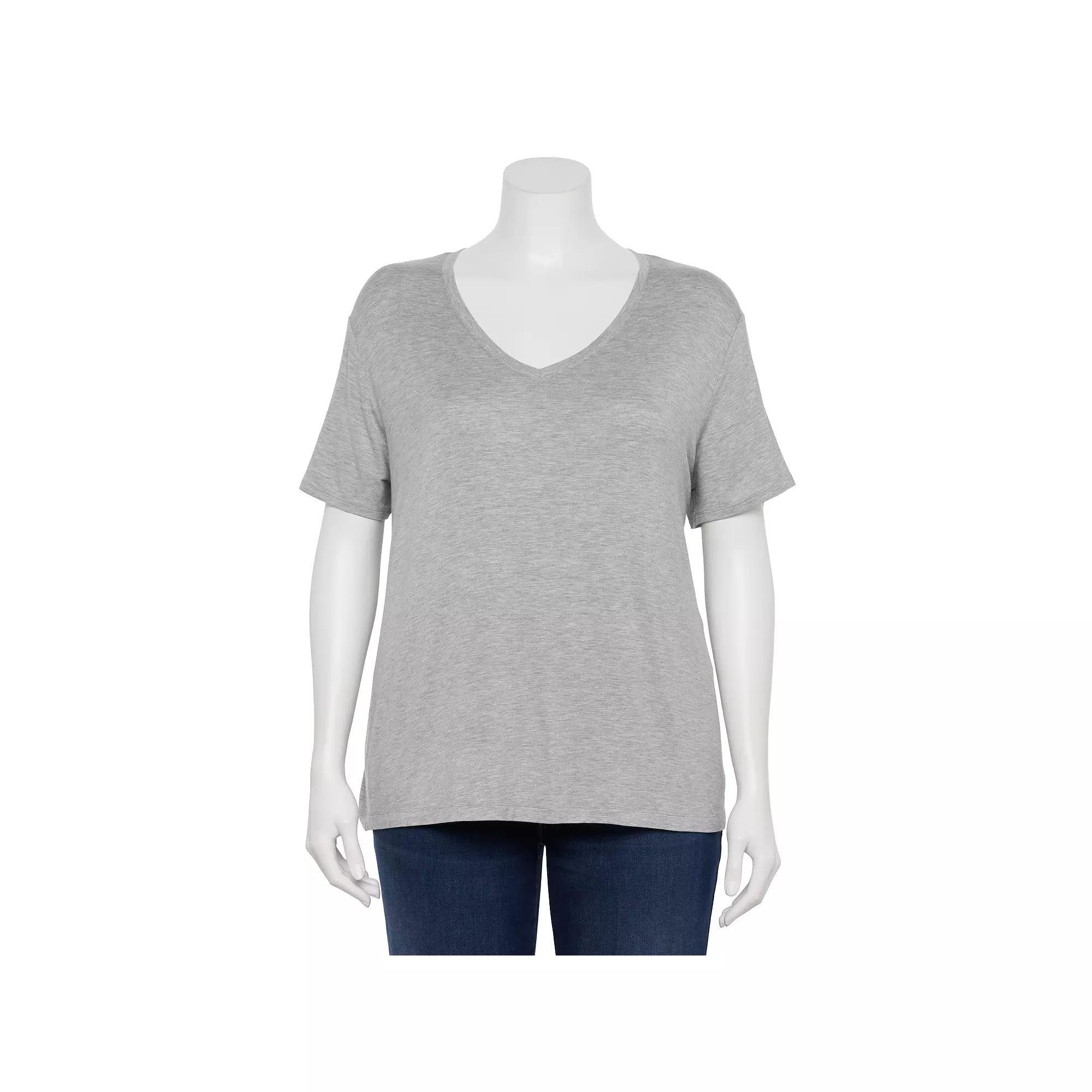 Plus Size Nine West Essential Soft Spun Short Sleeve V-Neck Tee, Women's, Size: 1XL, Gray Fox Grey Product Image