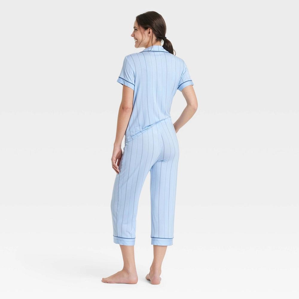 Womens Cloud Knit Short Sleeve Notch Collar Top and Cropped Pants Pajama Set - Auden Light Blue Stripe L Product Image