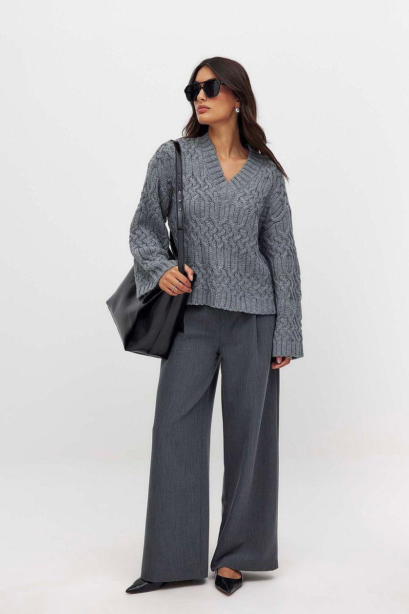 Cable Knitted V-Neck Sweater Product Image