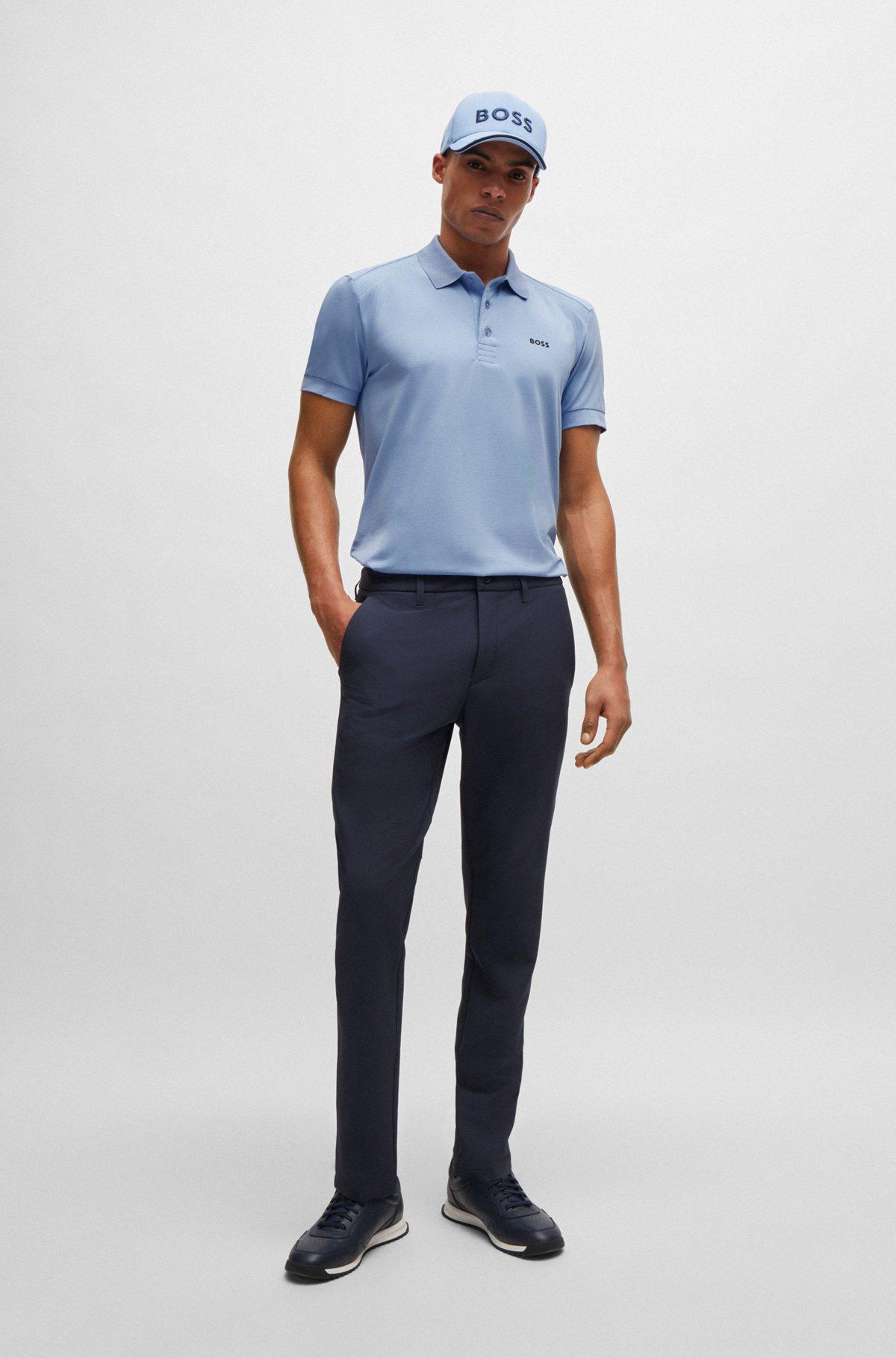 BOSS - Stretch-cotton polo shirt with striped tape inserts - Light Blue Product Image