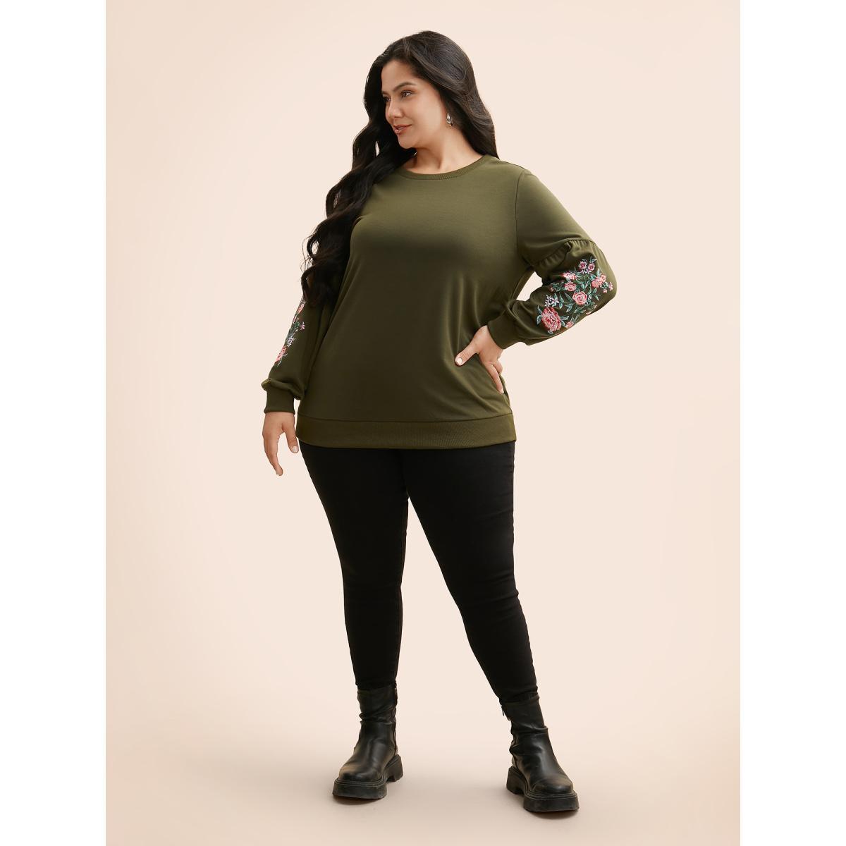 Plus Size Floral Embroidered Crew Neck Gathered Sweatshirt Women ArmyGreen Casual Embroidered Round Neck Everyday Sweatshirts BloomChic 26/4X Product Image
