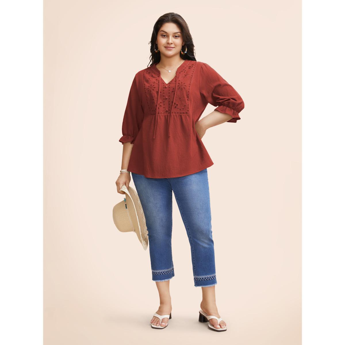 Plus Size Russet Broderie Anglaise Tie Knot Lantern Sleeve Blouse Women Boho Elbow-length sleeve Notched collar Vacation Blouses BloomChic 28/5X Product Image