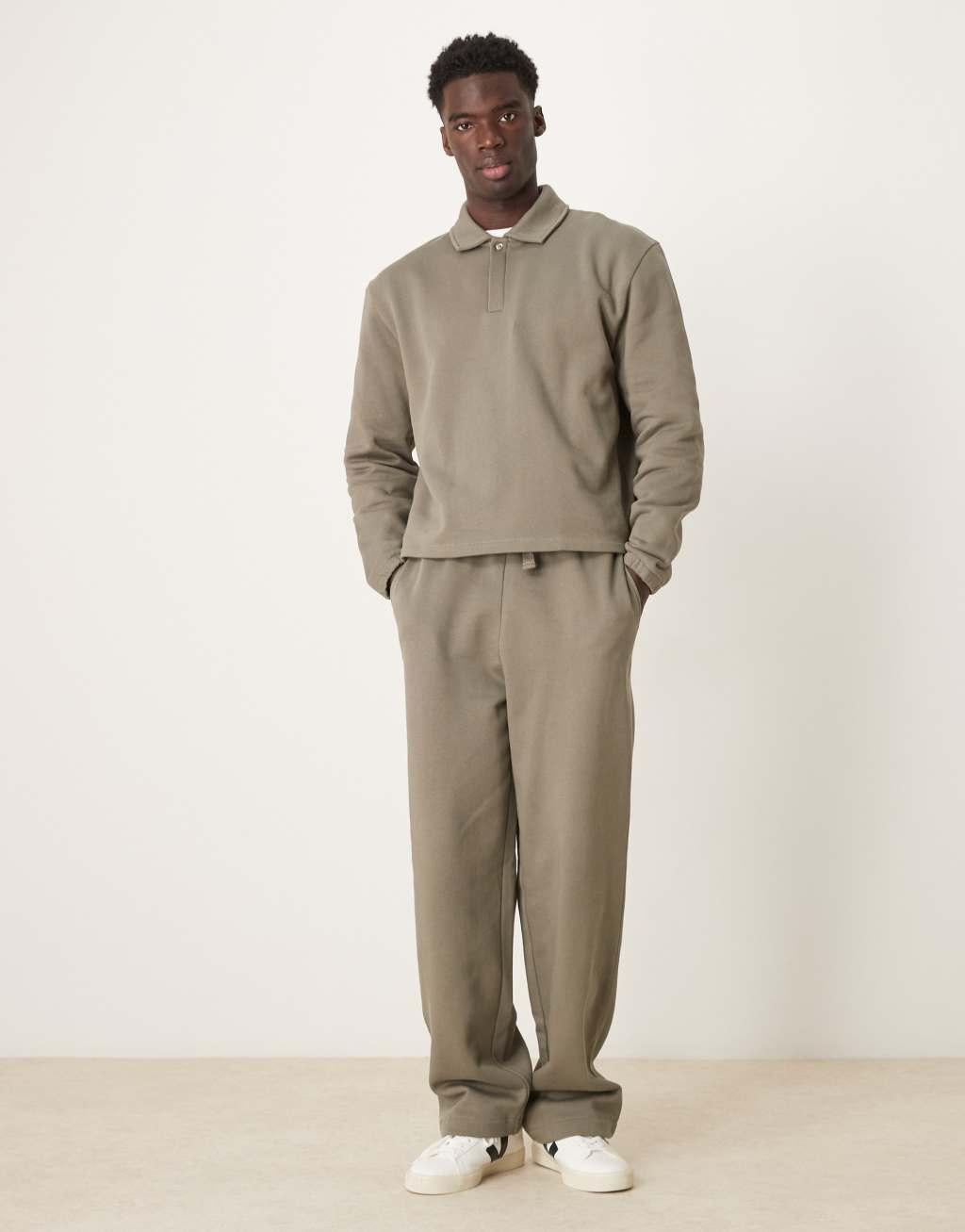 ASOS DESIGN boxy oversized polo sweatshirt in khaki - part of a set Product Image