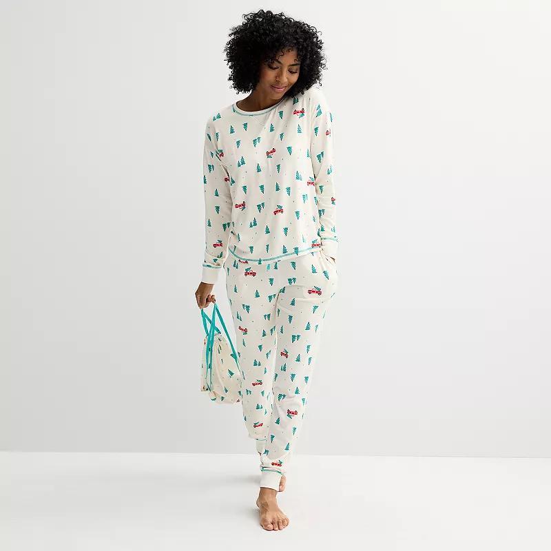 Womens Sonoma Goods For Life 3-Piece Snit Pajama Top, Pajama Pants & Pouch Set Ivory Tree Product Image