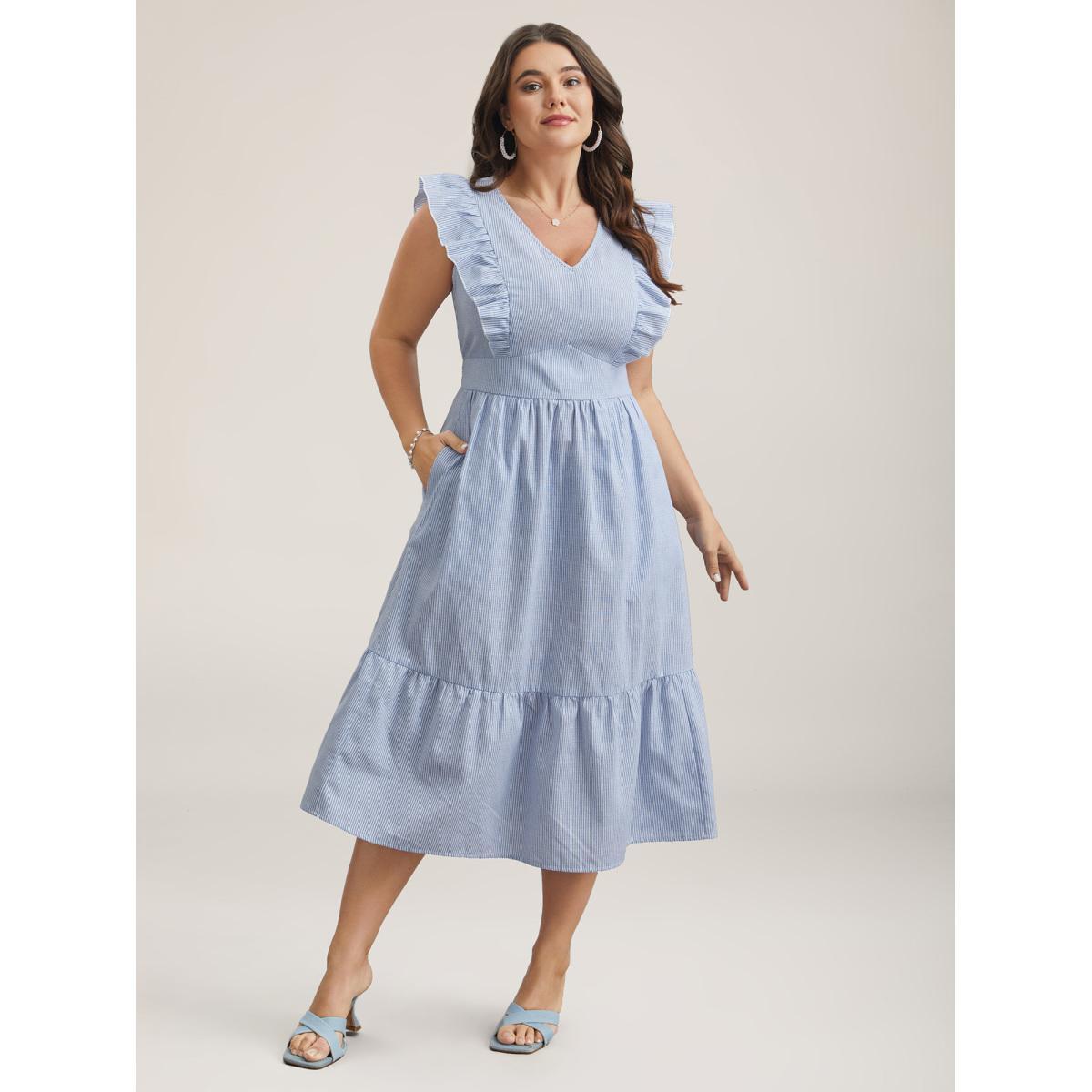 Plus Size Ruffled Striped Print Triangular Waist Midi Dress Skyblue Women Timeless Ruffles V-neck Cap Sleeve Curvy BloomChic 22-24/3X Product Image
