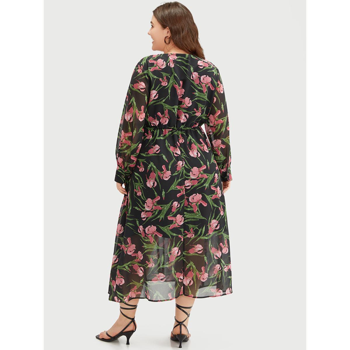 Plus Size Floral Print Chiffon Split Side Elastic Waist Dress Black Women Elegant Printed V-neck Long Sleeve Curvy Midi Dress BloomChic 12/L Product Image