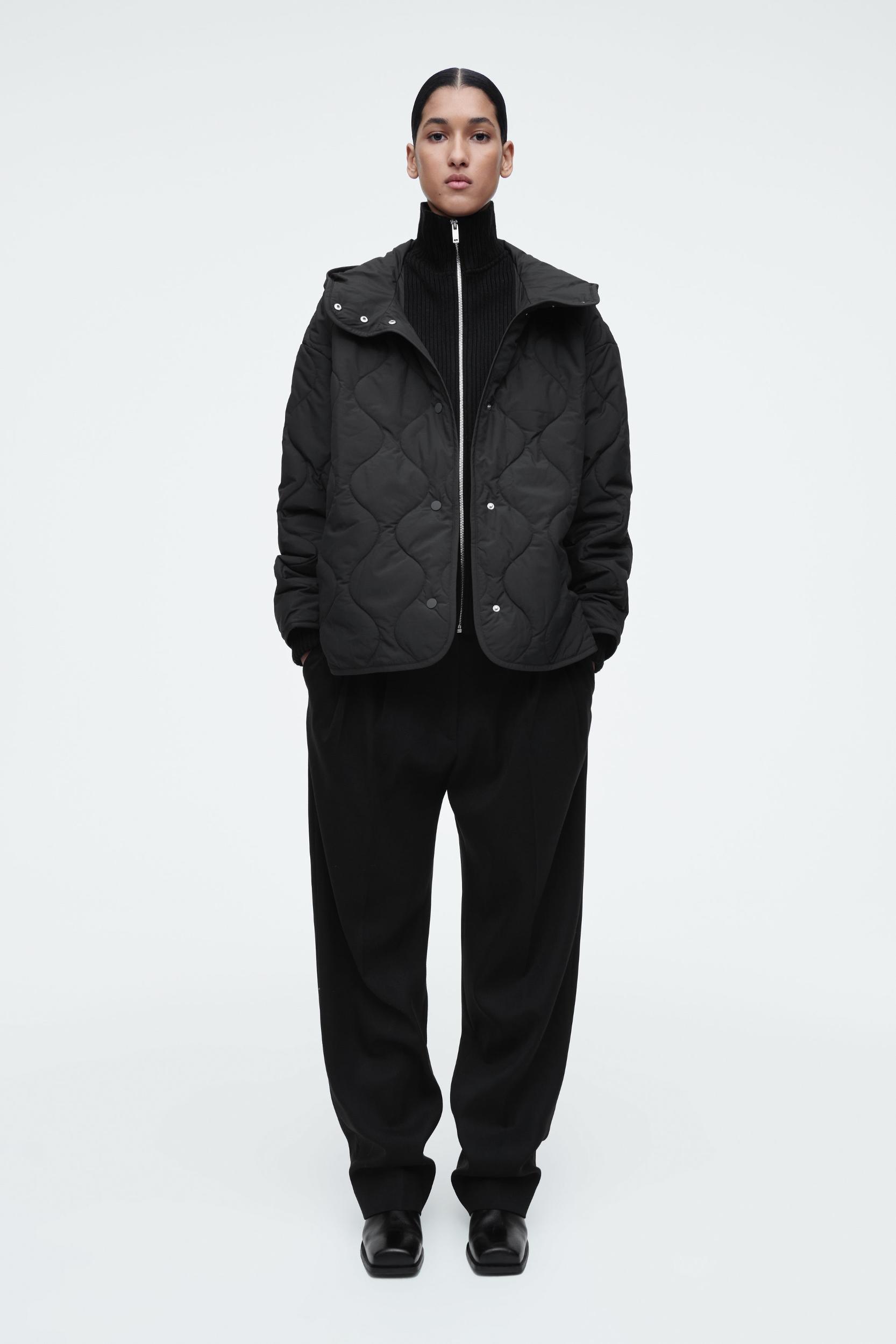 QUILTED HOODED FUNNEL-NECK JACKET Product Image